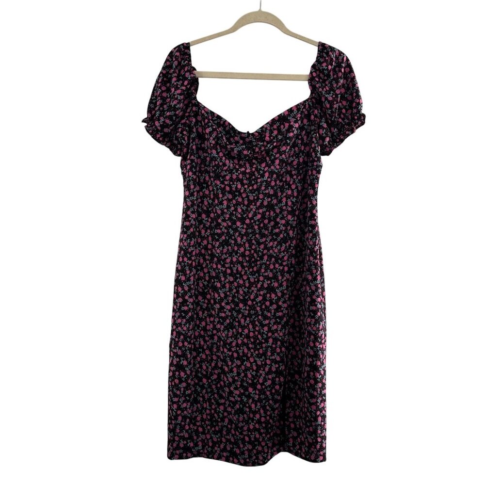 City Triangles Black Pink Floral Mini Dress Puff Sleeves Size L‎ Ruffle Milkmaid